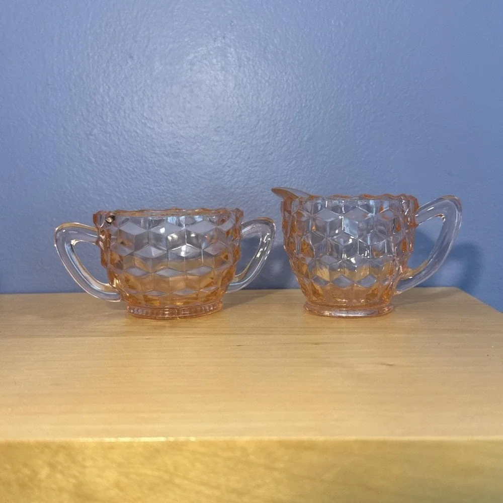 Fostoria American Pressed Glass Pink Creamer/ Milk and Sugar Bowl For Tea Coffee